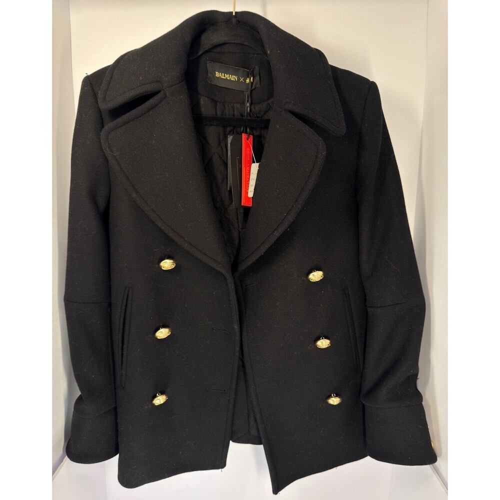 Authentic Balmain x H&M Women's Black Wool-Blend Pea Coat Size 2 NWT RARE 2